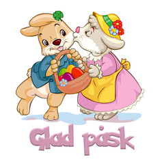 Image, drawing depicting a bunny kissing a bunny with basket of Easter eggs, Happy Easter Swedish text