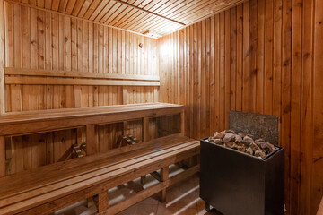 interior of empty dry finnish and russian sauna bath
