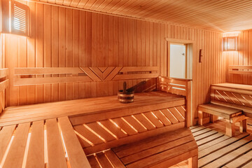 Obraz na płótnie Canvas interior of empty dry finnish and russian sauna bath