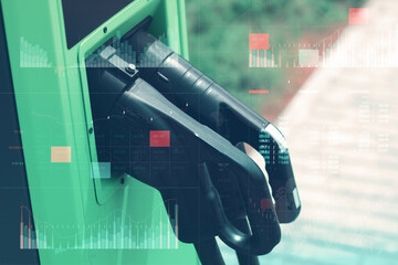 Electric filling station on technological background. Graph of electricity price growth.