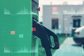 Electric filling station on technological background. Graph of electricity price growth.