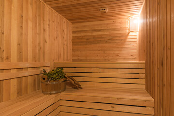 interior of empty dry finnish and russian sauna bath