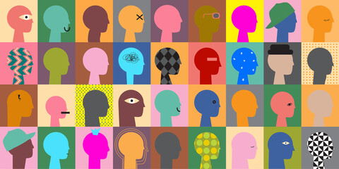 Crowd of young and elderly abstract men, women and children. Diverse group of stylish people standing together. Society or population, social diversity. Flat simple cartoon vector illustration. - obrazy, fototapety, plakaty