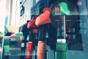 Gas station with fuel dispensers on technological background. Graph of rising prices for gasoline and fuel.
