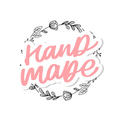 Label or logo with lettering hand made. Vector flat illustrations. Modern and stylish badge. Thin line inscription handmade, made with love, craft product on white.
