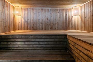 interior of empty dry finnish and russian sauna bath