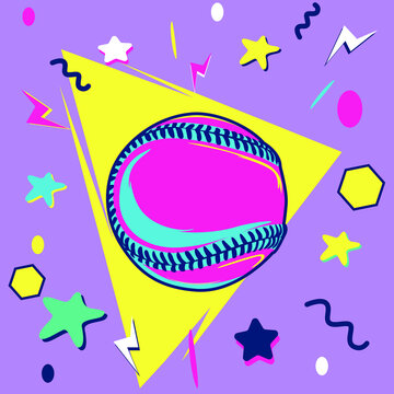 The 80s and 90s ball with funky colorful design style textures and objects mix. 80's and 90's pop art style vector illustration, use it for sticker, calendar, print, background, and poster