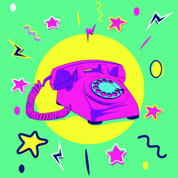The 80s and 90s Classic phone with funky colorful design style textures and objects mix. 80's and 90's pop art style vector illustration, use it for sticker, calendar, print, background, and poster
