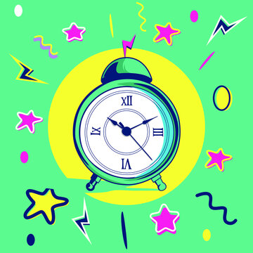 The 80s and 90s Clock with funky colorful design style textures and objects mix. 80's and 90's pop art style vector illustration, use it for sticker, calendar, print, background, and poster