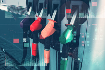 Gas station with fuel dispensers on technological background. Graph of rising prices for gasoline...