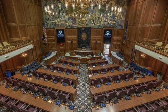 Indiana House of Representatives chambers. The House of Representatives makes up one half of the General Assembly.
