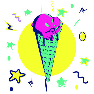 The 80s and 90s ice cream with funky colorful design style textures and objects mix. 80's and 90's pop art style vector illustration, use it for sticker, calendar, print, background, and poster