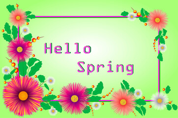 Fototapeta na wymiar Happy spring holiday banner design with colorful flowers on green background. Promotional offer with decoration of spring plants, frame, text, leaves and flowers.