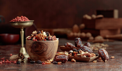 Dried fruits and nuts in a wooden bowl.
