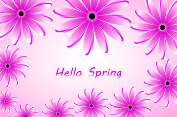 Hello spring banner. Trendy texture. Pink-lilac flowers on a light purple background. Vector illustration.