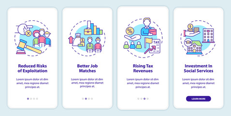 Positive impact of legalizing immigrants onboarding mobile app screen. Walkthrough 4 steps graphic instructions pages with linear concepts. UI, UX, GUI template. Myriad Pro-Bold, Regular fonts used