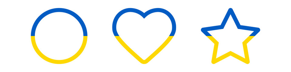 Ukraine flag icons. Heart, circle, star