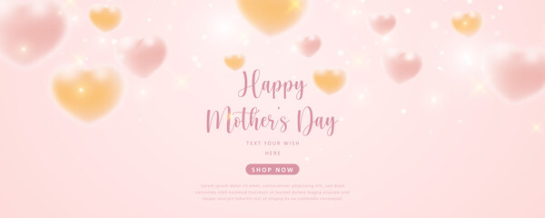 Happy mother's day girlish yellow pink love heart and bokeh shine star decoration - obrazy, fototapety, plakaty