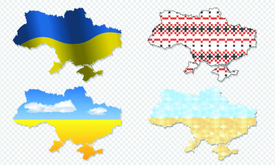 Map of Ukraine in different styles for design. Yellow-blue background of the flag, embroidered patterns. Set of isolated vector illustrations on a transparent background