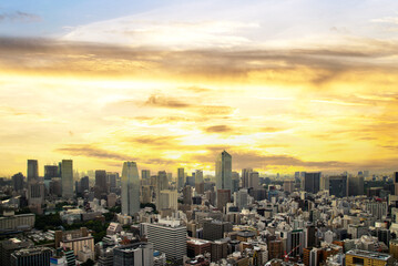 Fototapeta na wymiar Tokyo Skyline, japan cityscape at twilight, view of office building and downtown and street of minato in tokyo with sunset / sun rise sky background. Japan, Asia