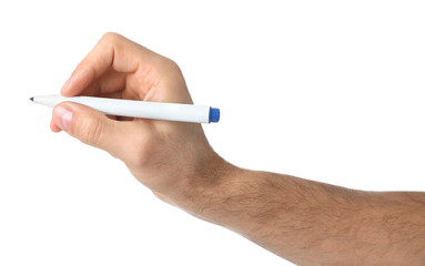Man holding color marker on white background, closeup