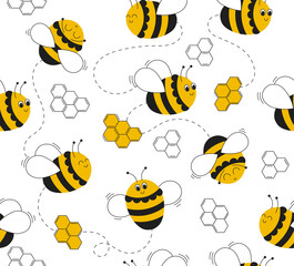 Little bee and honeycomb on white background. Beautiful seamless pattern with honey bees. Lovely vector illustration. Perfect for kids fabric, textile, wrapping.