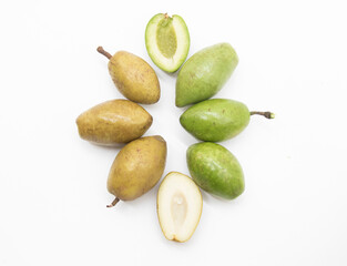 raw and boil olive isolated on white background, top view