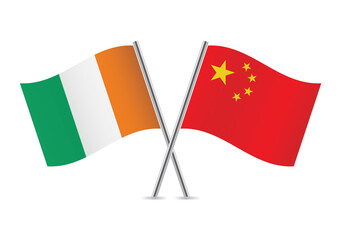 Ivory Coast and China crossed flags. Ivorian and Chinese flags, isolated on white background. Vector icon set. Vector illustration.