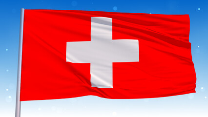 Waving National Flag Of Switzerland In The Wind With Pole On Cloudy Fog Glitter Dust Flying Blue Sky 3D Rendering
