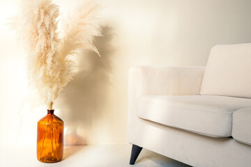 pampas reeds in a brown large jar near the sofa. interior in beige colors