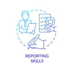 Fototapeta na wymiar Reporting skills blue gradient concept icon. Writing accurate reports about work. HR skills abstract idea thin line illustration. Isolated outline drawing. Myriad Pro-Bold font used
