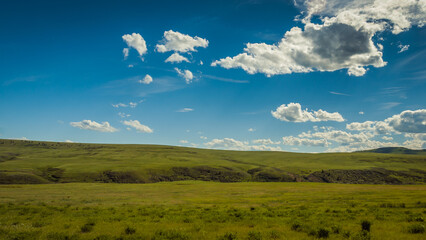 Bright sunny rural fields with a few clouds in the sky in the prairies during spring.