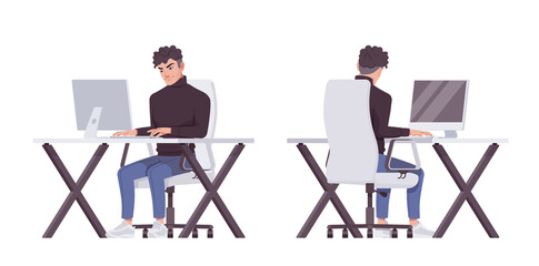 Office man working with monoblock computer business casual look guy. Sporty chic office outfits young businessman. Vector flat style cartoon character set isolated, white background, front, rear view