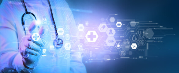 Doctor with a stethoscope electronic medical record touch screen Digital healthcare and network connection DNA on hologram modern virtual screen interface, medical technology and futuristic 