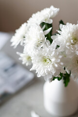 White chrysanthemums in a vase on a beige interior. Selective soft focus. Minimalist still life. Interaction of light and shadow