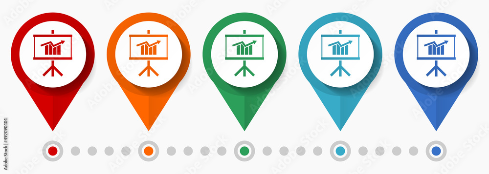 Aufkleber presentation, seminar concept vector icon set, flat design board pointers, infographic template easy