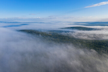 Aerial view of the fog over the forest. Murmansk Oblast, Russia.