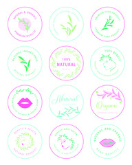 Set of natural cosmetics, organic, flower, healthcare, beauty, Wellbeing labels and stickers. Vector illustration for promotional material, web design, packaging design and more.