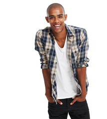 Hes a casual kinda guy. Shot of a young man standing against a white background.