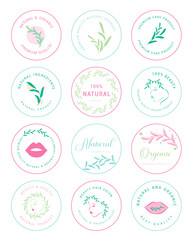 Set of natural cosmetics, organic, flower, healthcare, beauty, Wellbeing labels and stickers. Vector illustration for promotional material, web design, packaging design and more.
