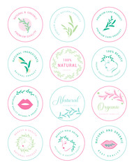 Fototapeta na wymiar Set of natural cosmetics, organic, flower, healthcare, beauty, Wellbeing labels and stickers. Vector illustration for promotional material, web design, packaging design and more.