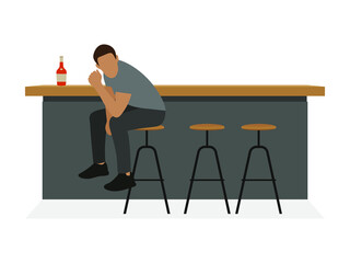 Male character sitting at a bar table with a bottle of alcohol on a white background