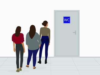 Three female characters stand in line for the toilet indoors