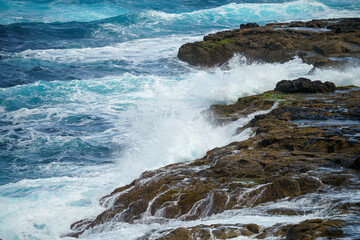Waves breaking on the rocks in natural areas of the island of Lanzarote in the Canary Islands