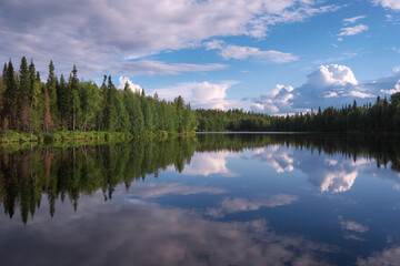 Fototapeta na wymiar Northernn landscape. View of Tumcha river on sunny summer day. Murmansk Oblast, Russia.