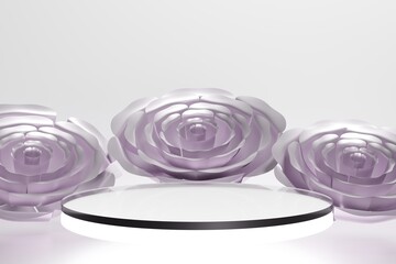 3d render of beautiful purple flowers with a glass podium with led lights for Valentines, bridal or spring project