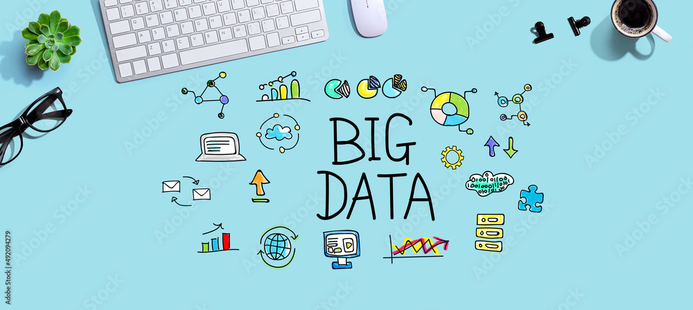 Poster big data theme with a computer keyboard and a mouse