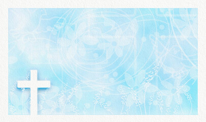 Textured blue religious background with white border and motifs