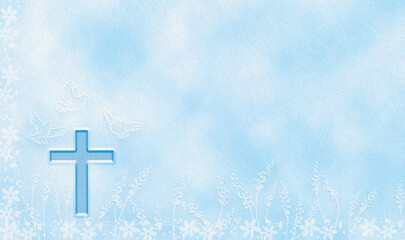 Textured blue religious background with cross and doves