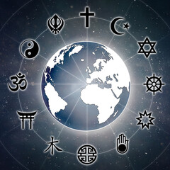 Naklejka premium Earth globe with religious symbols and universe background